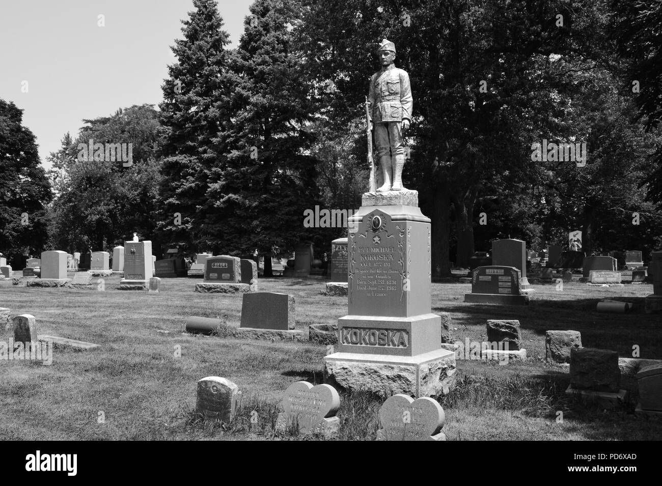 Grabmal im Böhmischen National Cemetery für Amerikanische Pvt. Michael Kokoska, die an der Westfront durch friendly fire Gestorben am 27. Juni 1918. Stockfoto