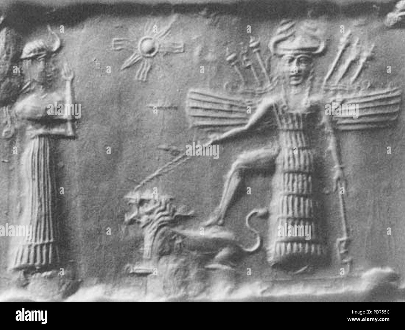 Alten Akkadischen zylindrischen Dichtung, Inanna und Ninshubur. Stockfoto