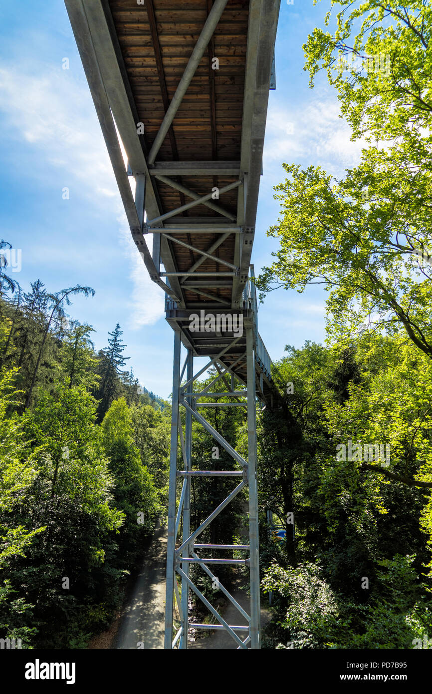 Baumkronenpfad durch den Mischwald am nördlichen Rand des Harzes, Ansicht von unten an den Stützen und Holzbohlen. Stockfoto