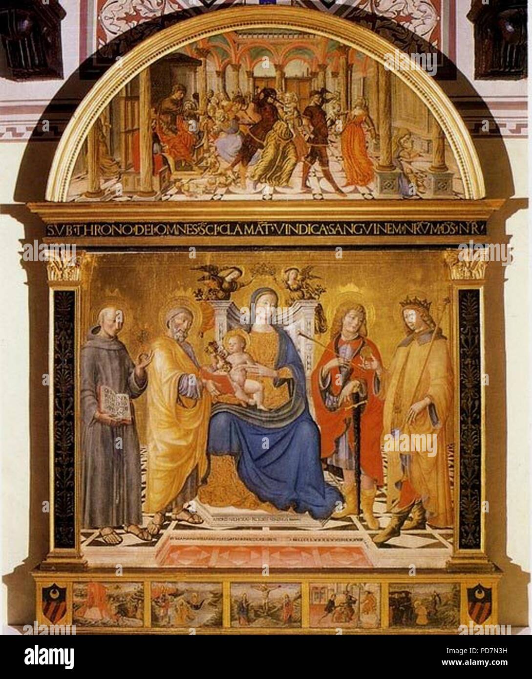 Andrea-di-Niccolo. Tötung der unschuldigen Kinder; die Madonna mit Kind und den Heiligen Bernhardiner Peter Sebastian und Sigismondo. Stockfoto