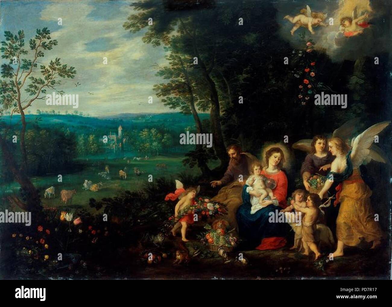 Andries Snellinck - Landschaft mit der Heiligen Familie Kind Johannes der Täufer und Engel. Stockfoto