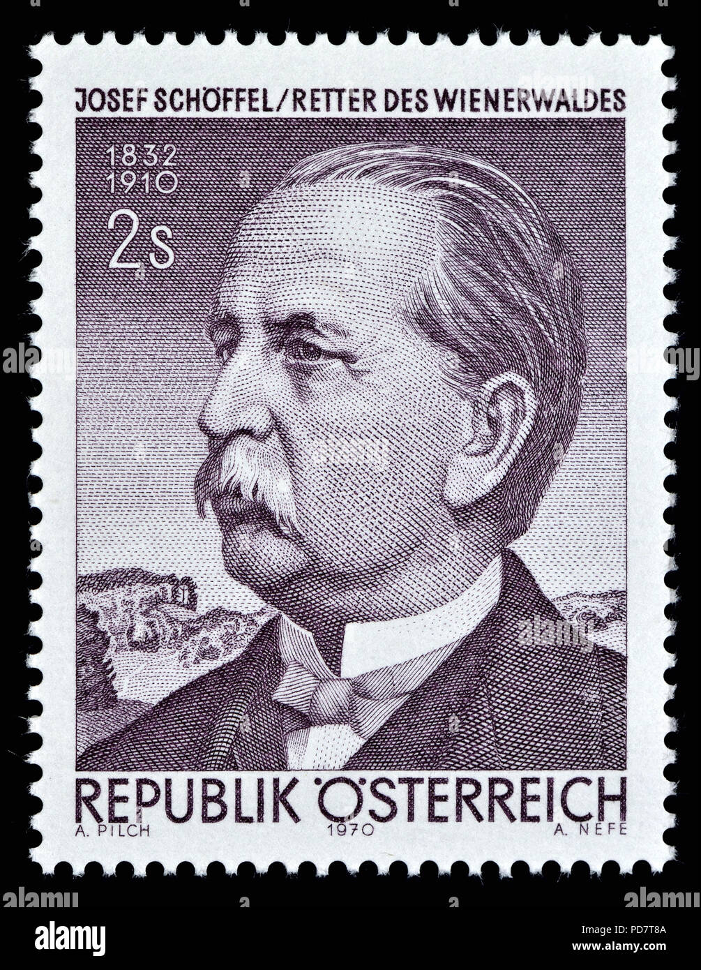 Österreichische Briefmarke (1970): Josef Schöffel (1832-1910), österreichischer Journalist, Politiker und Naturschützer avior der Vienna Woods' Stockfoto