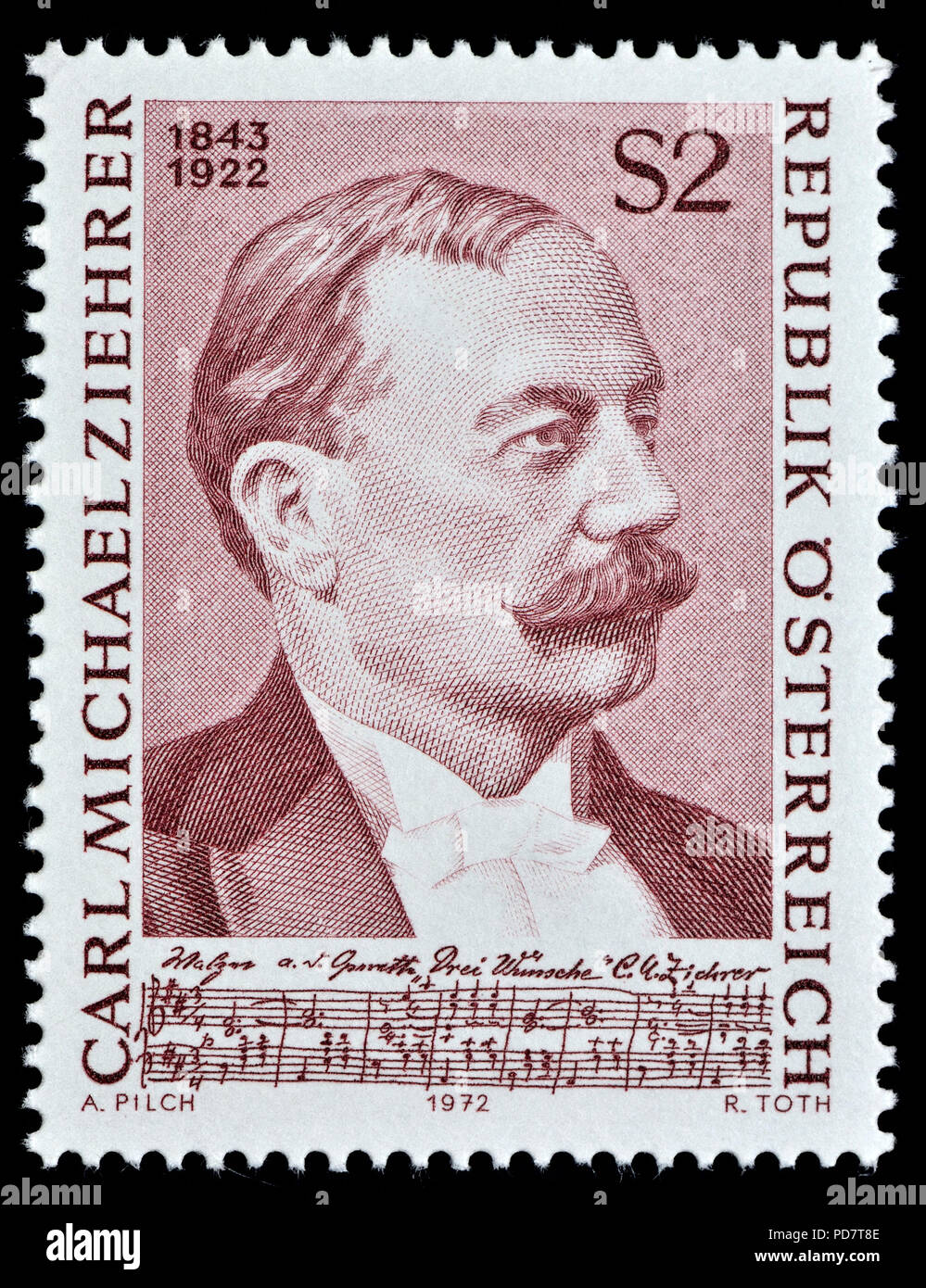 Österreichische Briefmarke (1972): Karl (Carl) Michael Ziehrer (1843-1922), österreichischer Komponist, Rivalen der Familie Strauss Stockfoto