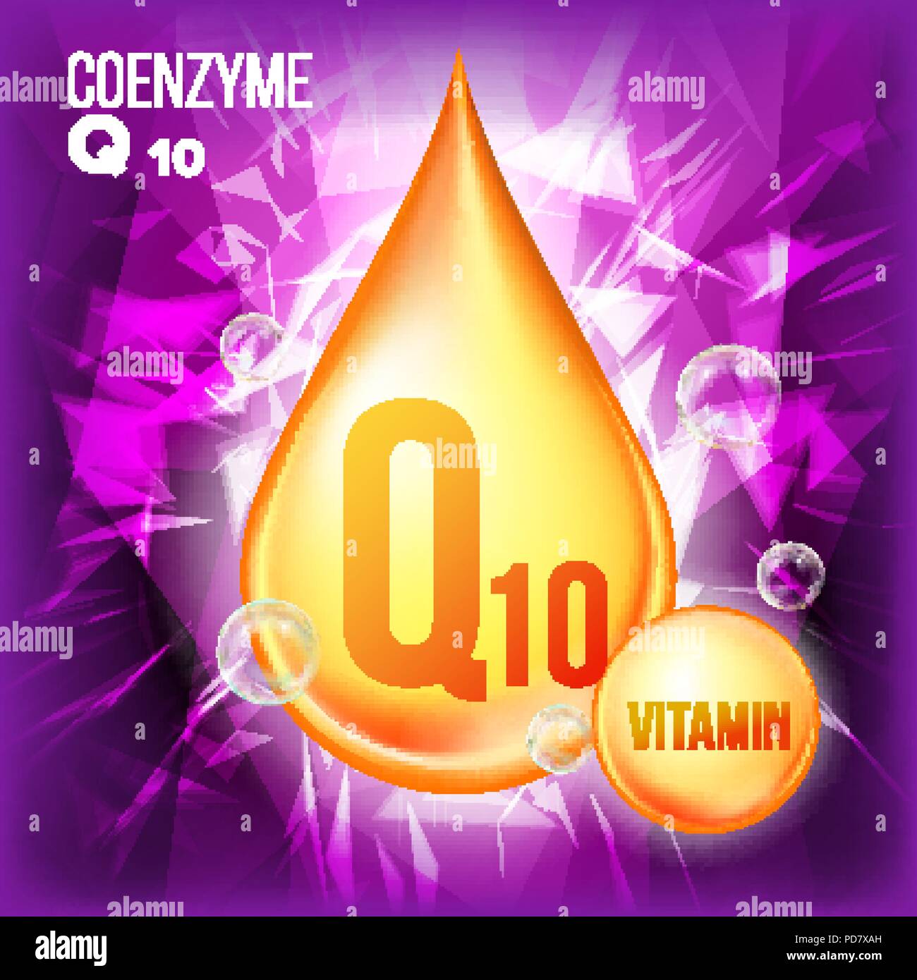 Vitamin Q10 Coenzym Vektor. Organische Vitamin Gold Drop Symbol. Medizin Flüssigkeit, goldenen Stoff. Für Beauty, Kosmetik, Heide Promo Ads Design. Tropfenfänger 3D-Komplex mit der chemischen Formel. Abbildung: Stock Vektor