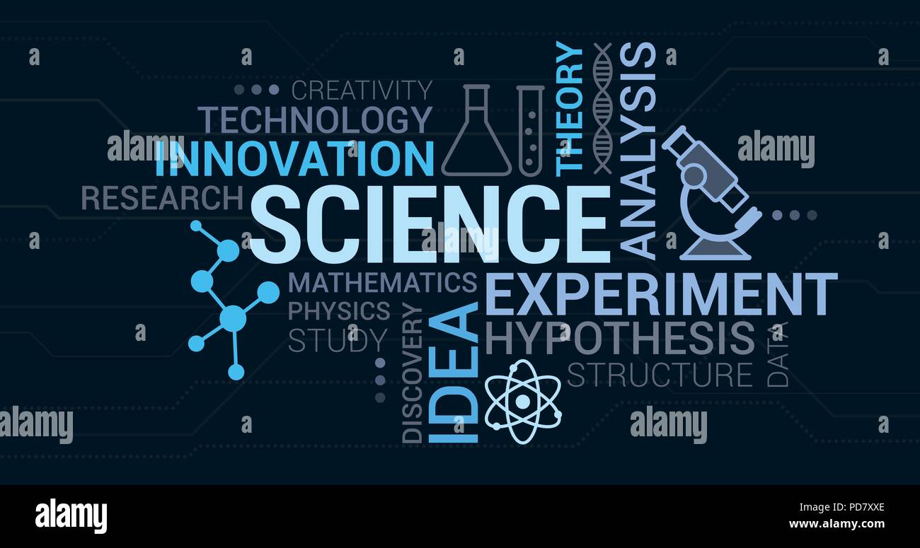 Wissenschaft, Forschung und Innovation tag cloud mit Symbole und Konzepte Stock Vektor