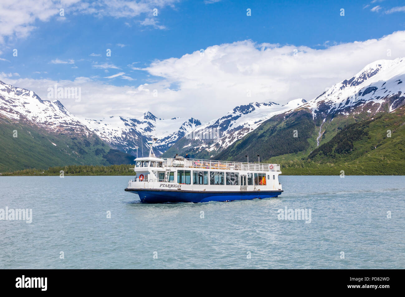 Tour: Boot mv Ptarmigan auf Portage Lake ist ein Gletschersee im Chugach National Forest auf der Kenai Halbinsel in Alaska Stockfoto