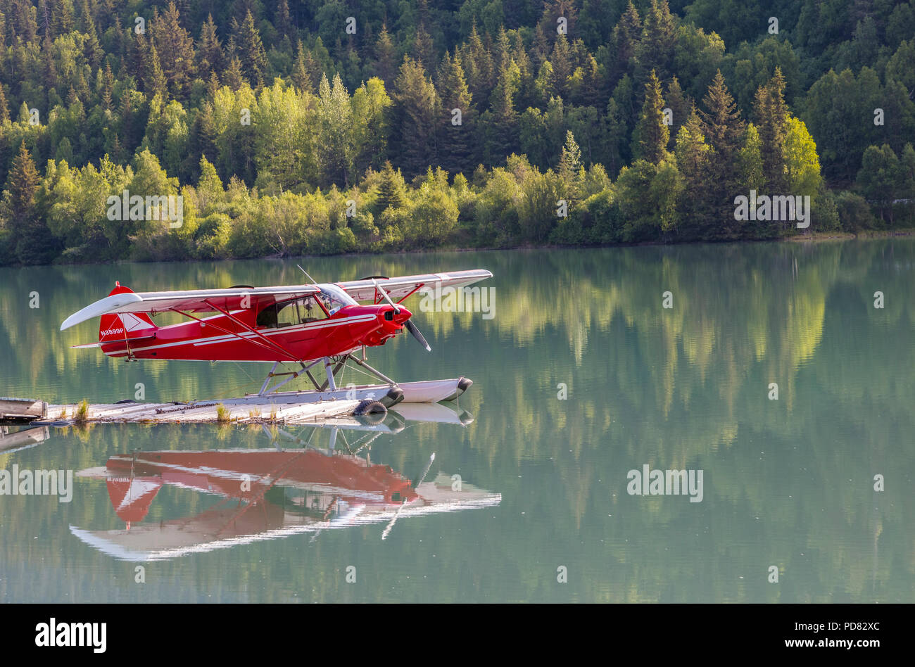 Roten Schwimmer oder Wasserflugzeug in der oberen Spur See auf der Kenai Halbinsel in Alaska Moose Pass widerspiegelt Stockfoto