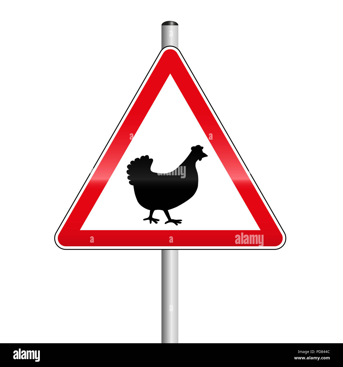 Vorsicht, Hähnchen oder Hühner die Straße überqueren. Verkehrsschild. Stockfoto