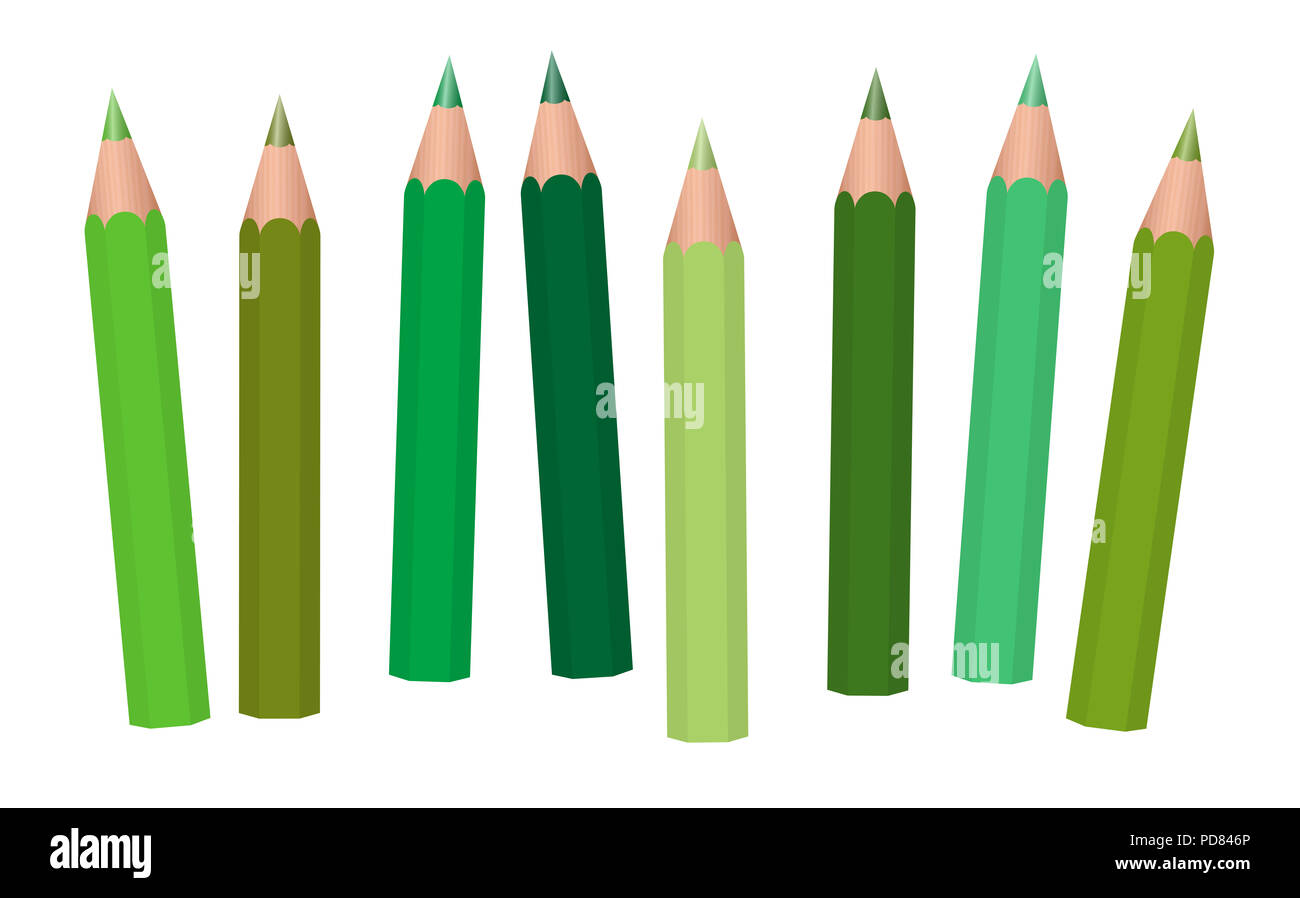 Grüne Buntstifte - kurze Stifte lose angeordnete, unterschiedliche Grüns wie Moos, Gras, Oliven, Pastell, hell, mittel oder dunkel grün. Stockfoto