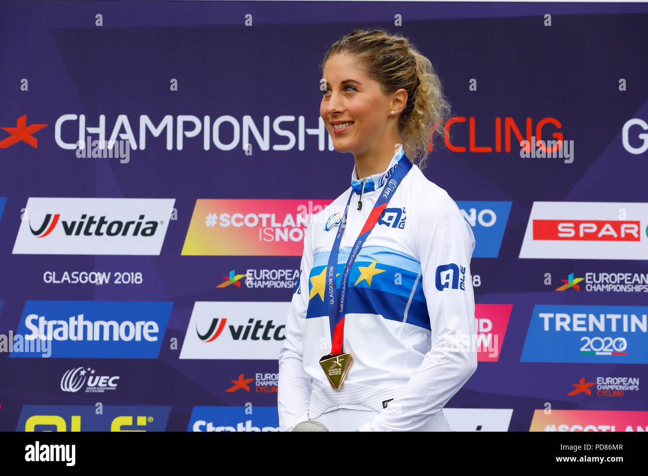 Glasgow, UK. 7. August 2018. Der Gewinner der Women's Cross Country Mountainbike Rennen, auf der Strecke gehalten an Cathkin Braes auf der Südseite von Glasgow war Jolanda NEFF (Schweiz) Credit: Findlay/Alamy leben Nachrichten Stockfoto