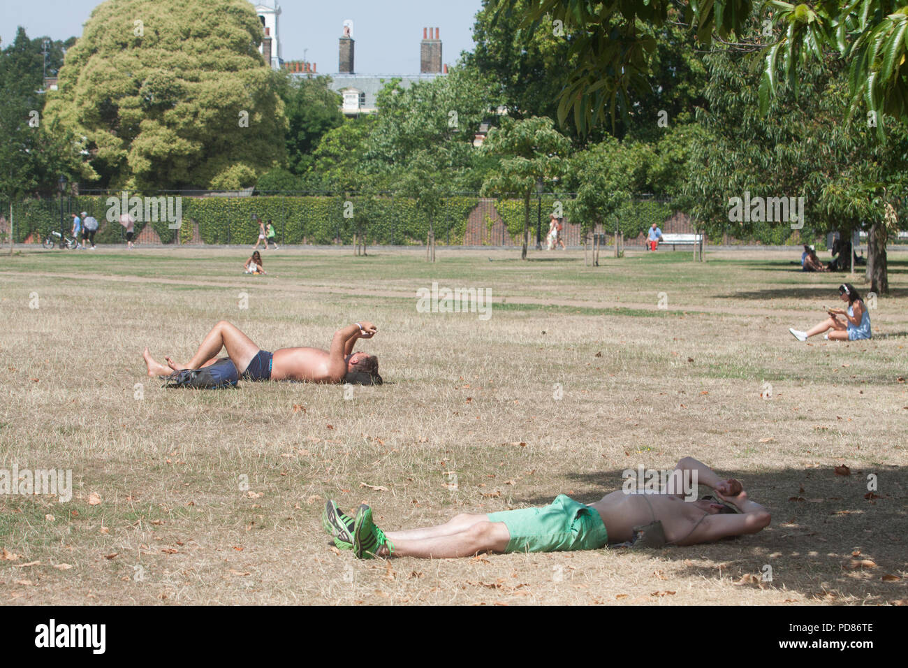 London, Großbritannien. 7. August 2018. Sonnenanbeter geniessen den Sommer Sonnenschein in Kensington Gardens auf, was die letzten heißen Tag vor Temperaturen endlich beginnen zu fallen und kühle Wetter kommt mit Gewitter und Regen im Südosten von England Credit vorhergesagt: Amer ghazzal/Alamy leben Nachrichten Stockfoto