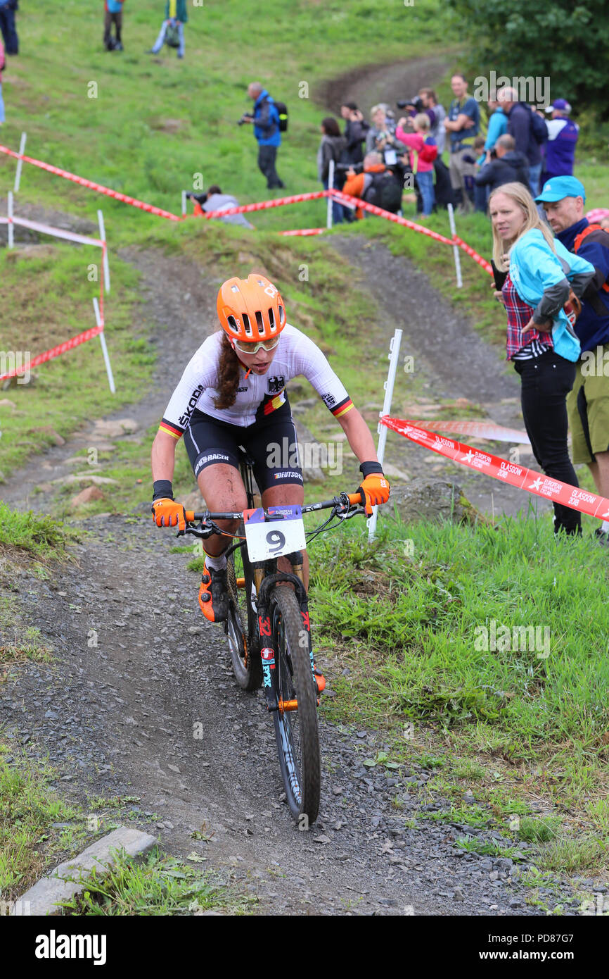 Glasgow, UK. 7. August 2018. Die Europäische Meisterschaft 2018 Cross Country (Frauen) über Cathkin Braes auf der Südseite von Glasgow gehalten wurde über 5 Runden mit insgesamt 28,0 km/17,3 km von Jolanda NEFF (SUI) gegen ein Feld von 32 internationalen Reiter gewonnen. Credit: Findlay/Alamy leben Nachrichten Stockfoto