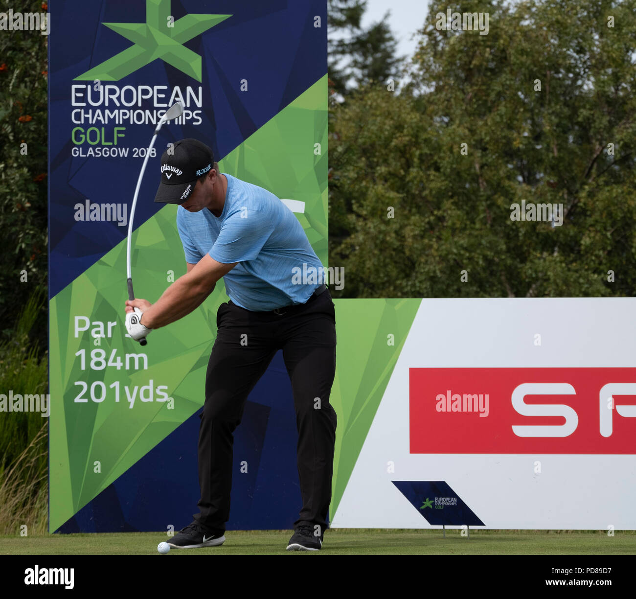 Gleneagles, Schottland, Großbritannien; 7. August, 2018. Praxis Tag in Gleneagles auf die Europameisterschaft 2018. Abgebildet; Callum Shinkwin auf dem T-Stück. Credit: Iain Masterton/Alamy leben Nachrichten Stockfoto