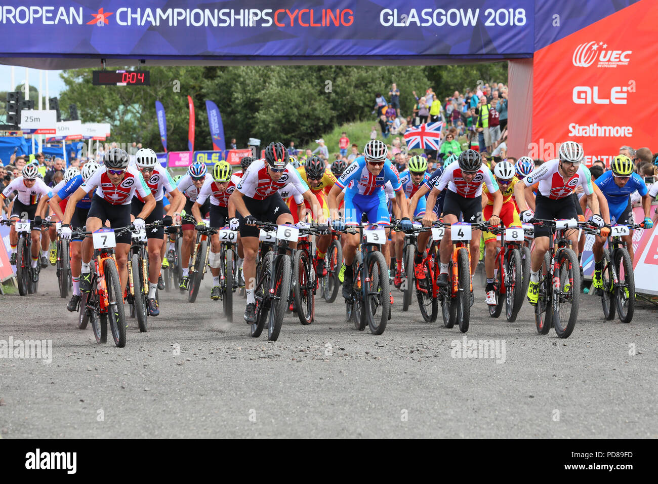 Cathkin Braes, Glasgow, UK. 7. August 2018. Die Männer, s cross country Mountainbike Studien über Cathkin Braes gehalten wurde, im Süden von Glasgow City mit einem Feld von 59 internationalen Reiter, die Versuche von Lars Forster aus der Schweiz Kredit gewonnen wurde: Findlay/Alamy leben Nachrichten Stockfoto