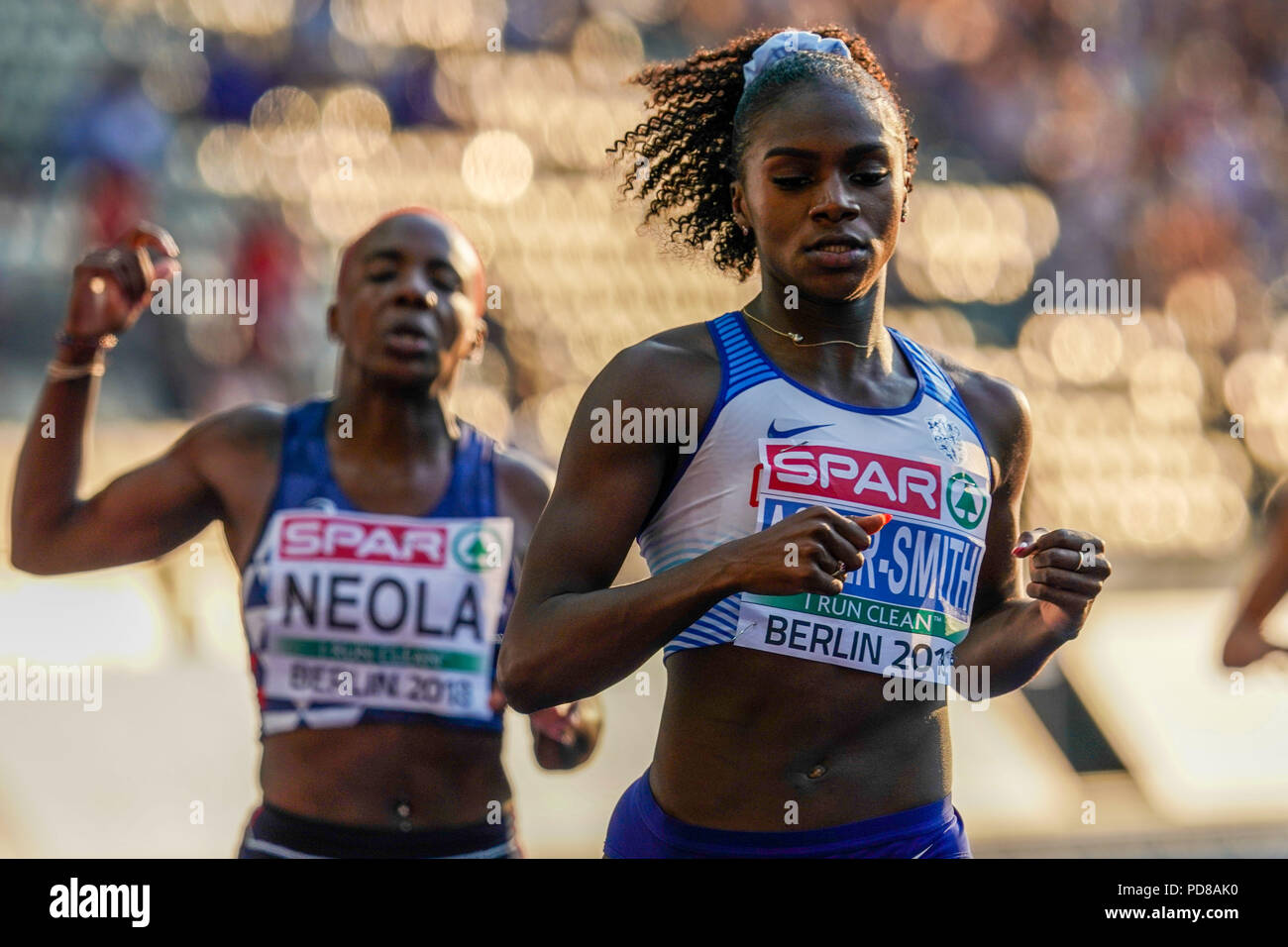 August 7, 2018: Dina Asher-Smith von Großbritannien während 100 Meter der Frauen Halbfinale im Olympiastadion in Berlin bei der Leichtathletik-WM. Ulrik Pedersen/CSM Stockfoto