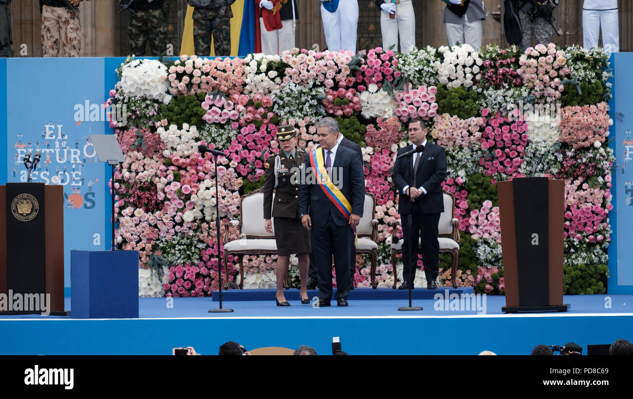Bogota, Kolumbien. 7. August 2018. Einweihung des neuen Präsidenten von Kolumbien, Herr Ivan Duque. Der Fall wurde an die Bolivar Square in Bogota, Kolumbien statt. Credit: Luis Gomez/Alamy leben Nachrichten Stockfoto