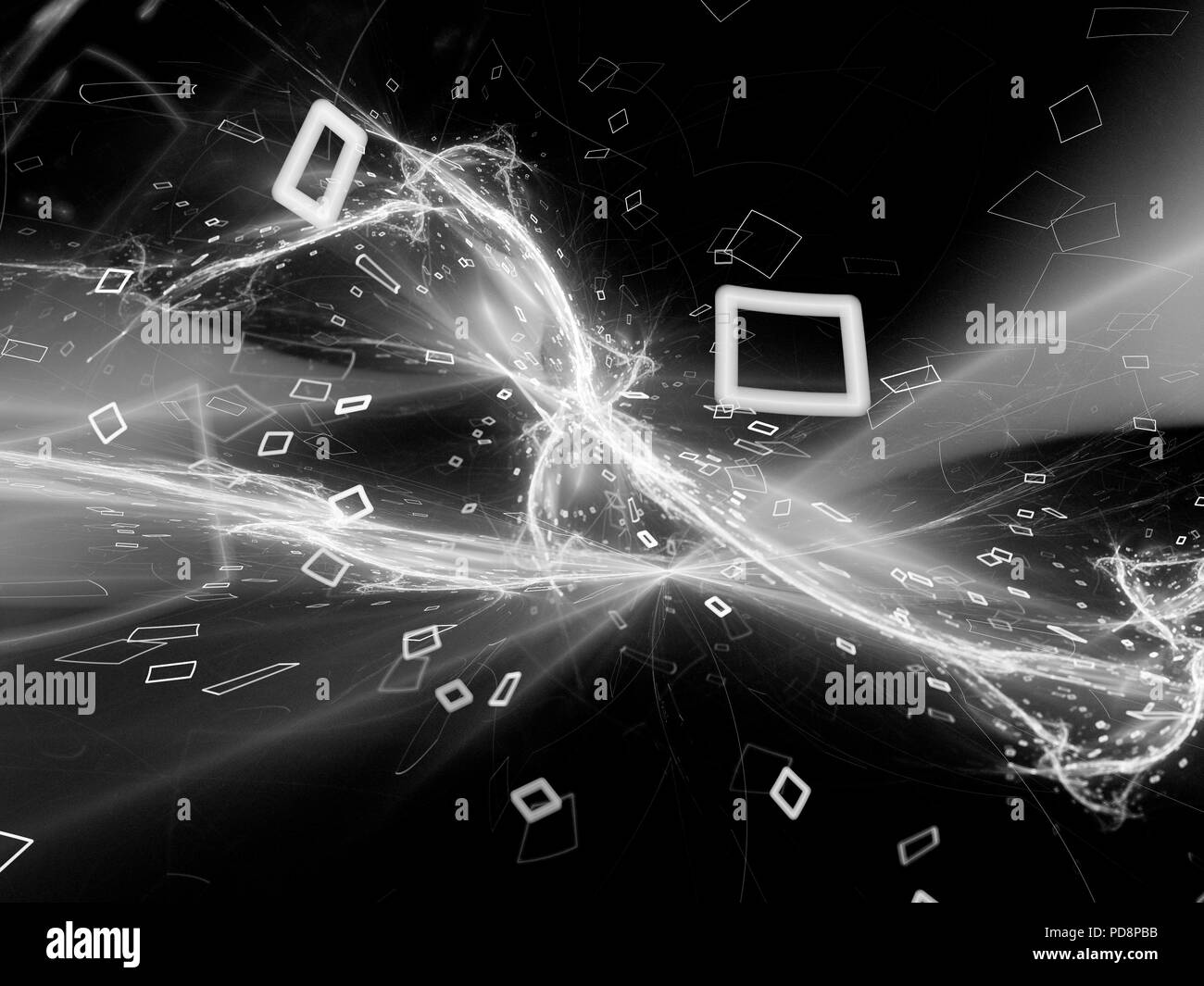 Leuchtende fliegende Quadrate mit Plasma im Raum, Computer-generierte Zusammenfassung Hintergrund Stockfoto