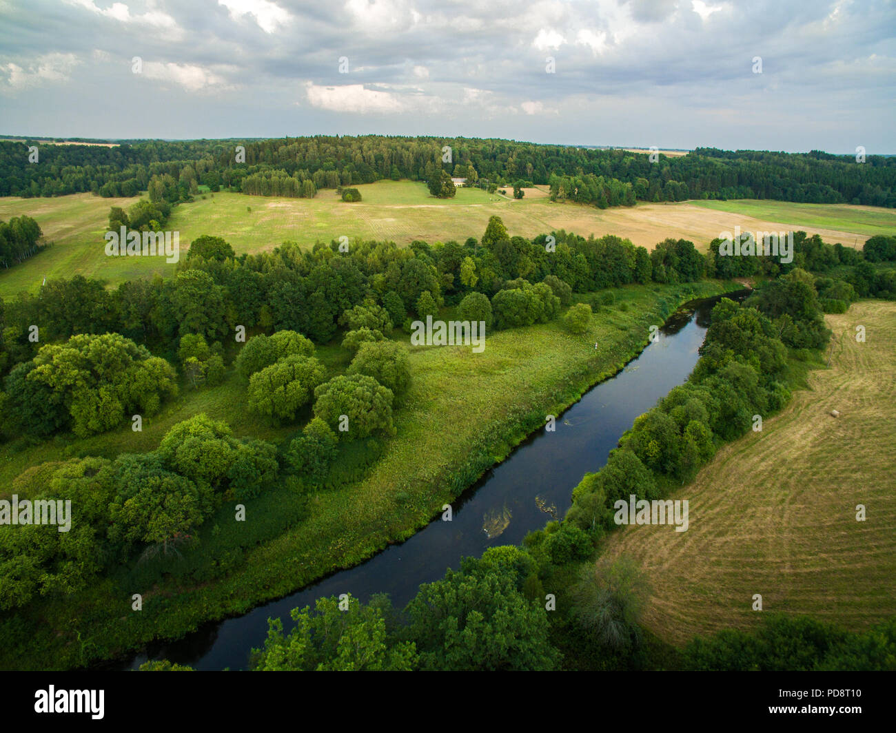 Einen schönen Blick auf den Wald, die Felder und den Fluss von oben. Drone Fotografie der Natur Stockfoto