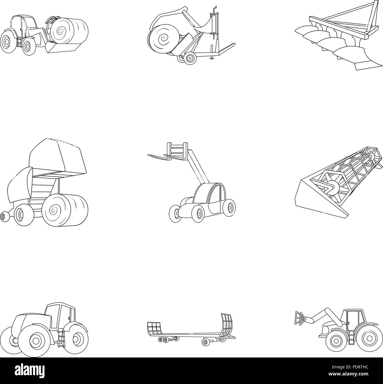 Bilder über landwirtschaftliche Maschinen. Autos zu Robotern zu Boden. Landwirtschaftliche Maschinen Symbol im Set Sammlung auf Outline style Vektor Symbo Stock Vektor