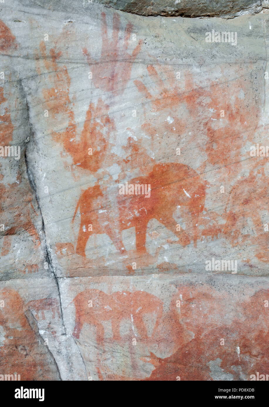 Indigenen San rock Kunst an den Wänden der Höhle in der cederberg Mountains in Südafrika. Stockfoto
