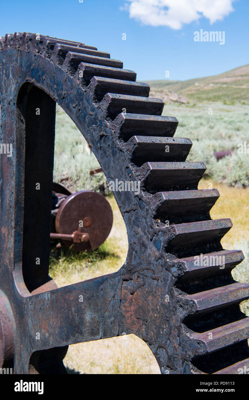 Nahaufnahme einer alten industriellen rostiges Zahnrad in der Geisterstadt Bodie, Kalifornien Stockfoto