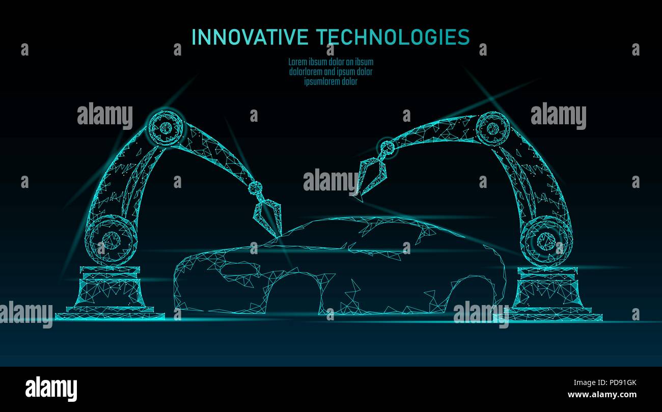 Low Poly Roboterarm Montage Fahrzeug Automatisierungstechnik. Industrie Fabrik Roboter Maschine Schweißer. Auto Body Welding android Hand polygon blaues Dreieck geometrischer Vektor illustration Stock Vektor
