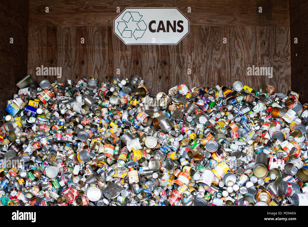 Ein volles Ausgabefach der sortierten schmutzige leeren Konservendosen im Hamilton County Recycling center in See angenehm, NY, USA Stockfoto