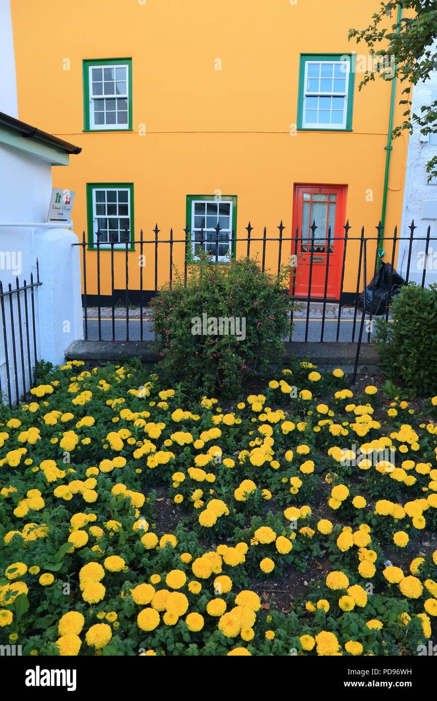 Farbenfrohe Gebäude mit Ringelblume Blumenbeet in Lyme Regis, Dorset Stockfoto