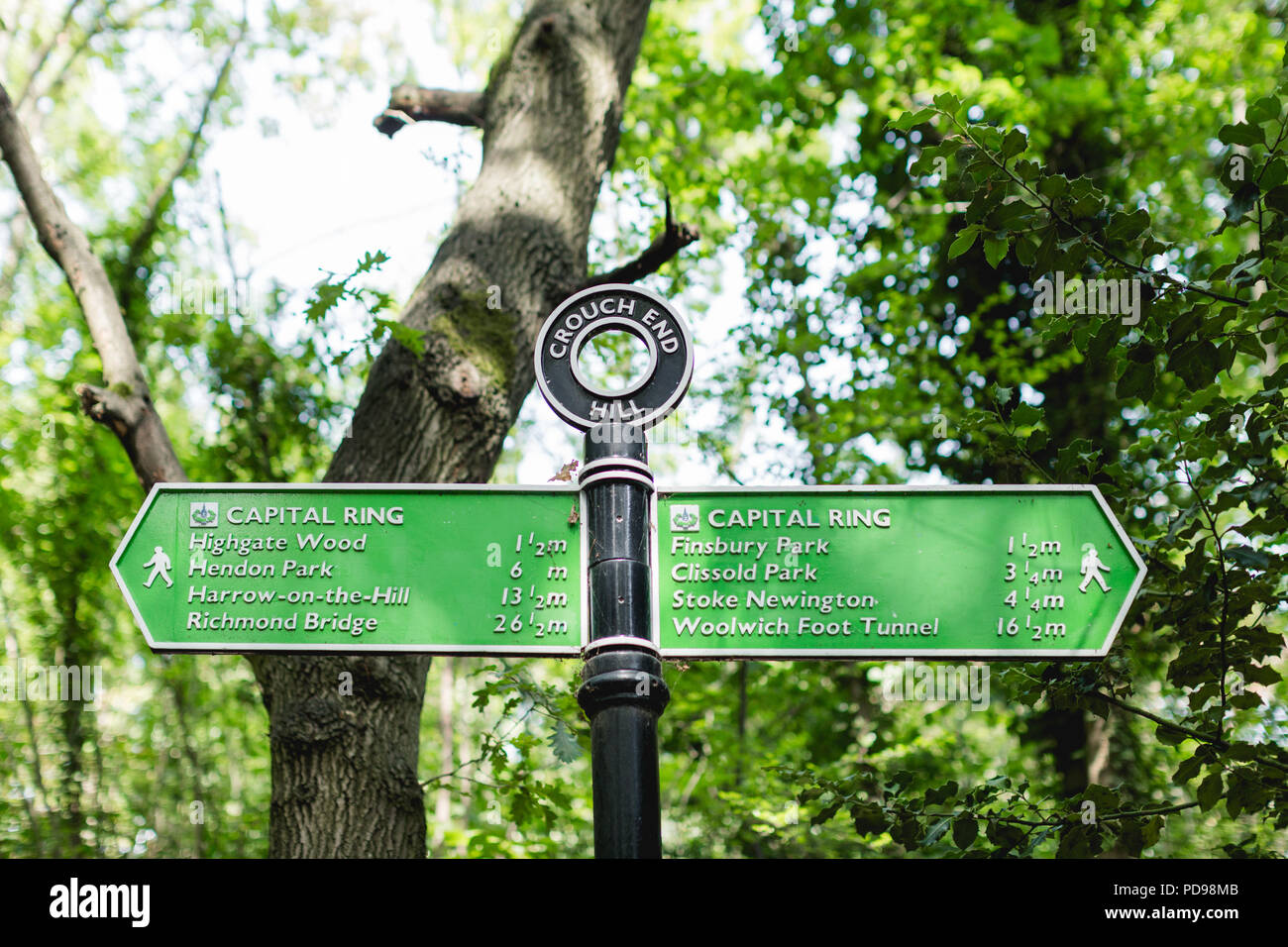 Ein grüner Wegweiser in Crouch End Hügel auf den Park zu Fuß, Teil des Kapitals Ring gehen/Fußgänger- und Radweg, nördlich von London Stockfoto