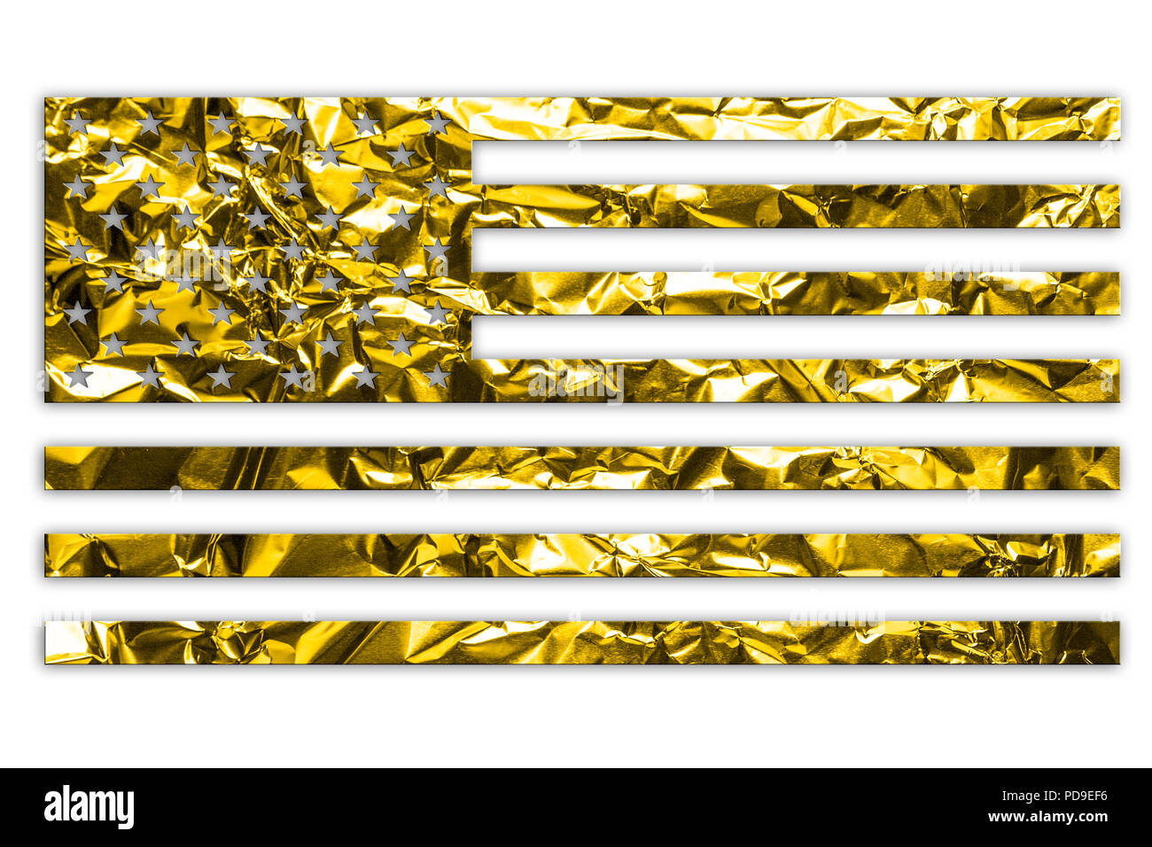 Die Abbildung eines goldenen metallic USA-Flagge auf einem transparenten Hintergrund Stockfoto