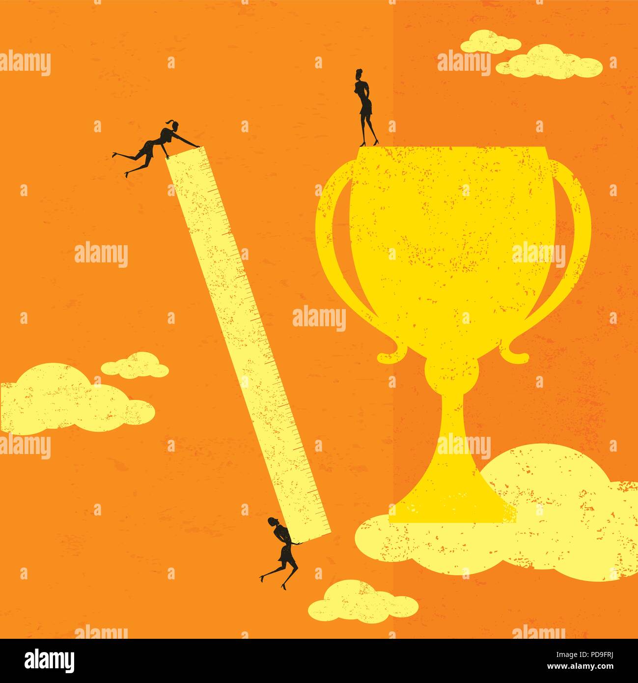 Erfolg messen. Ein Business Team mit einem Lineal ihre Trophäe zu messen. Stock Vektor