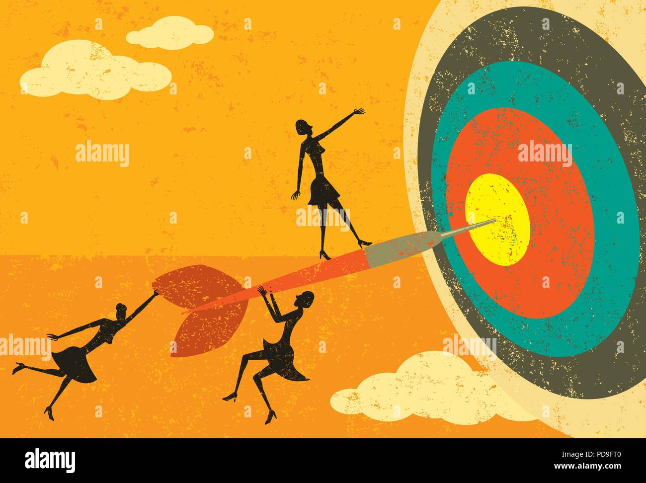 Treffen des Ziels. Unternehmerinnen auf einen Dart schlagen das Auge des Stiers. Stock Vektor