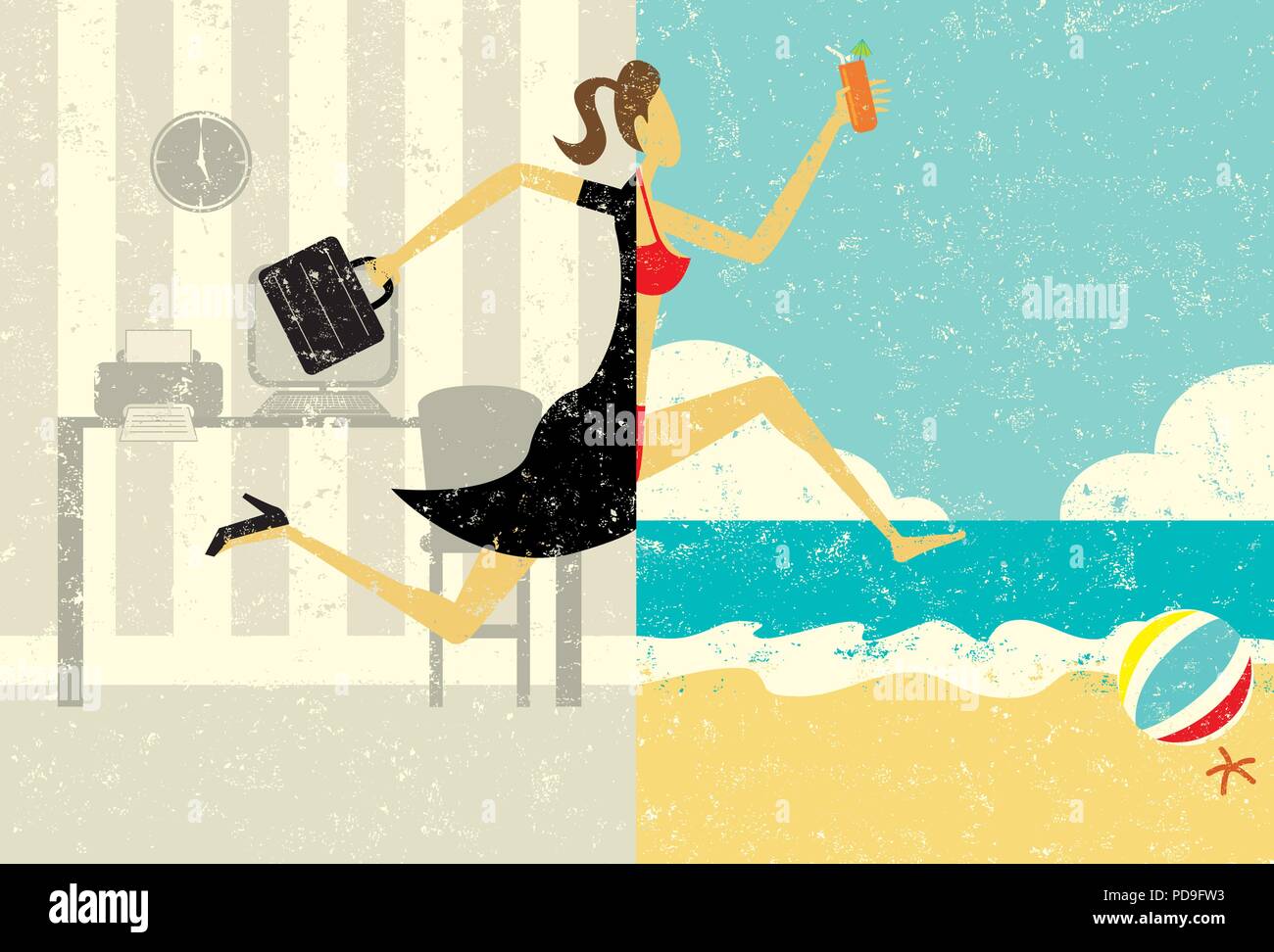 Übergang in den Urlaub. Eine Geschäftsfrau mit einer Aktentasche, ein geteiltes Bild Übergang zu tragen einen Bikini am Strand Urlaub. Stock Vektor