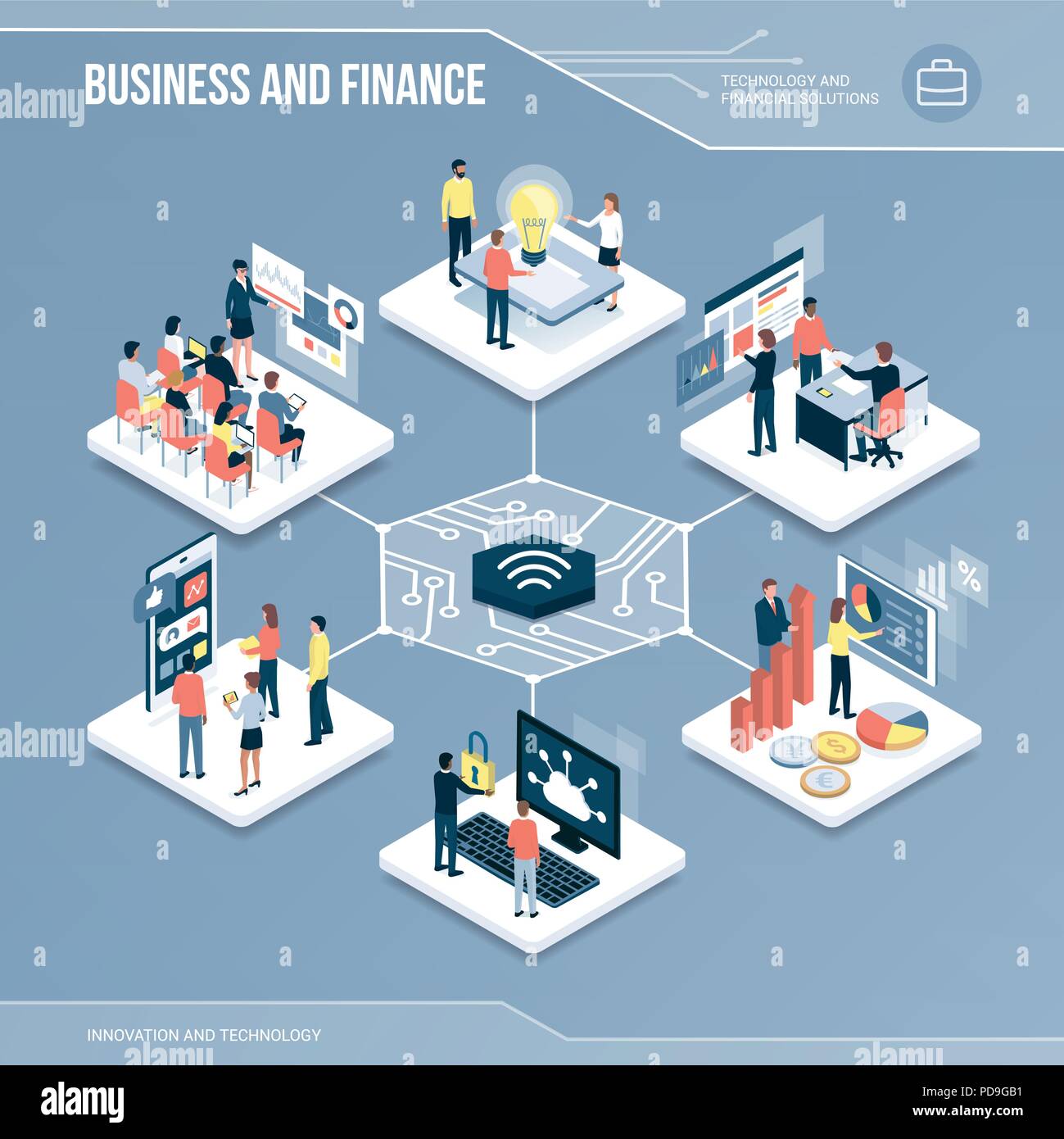Digitaler Kern: Business, Finanzen und Netzwerke isometrische Infografik mit Menschen Stock Vektor