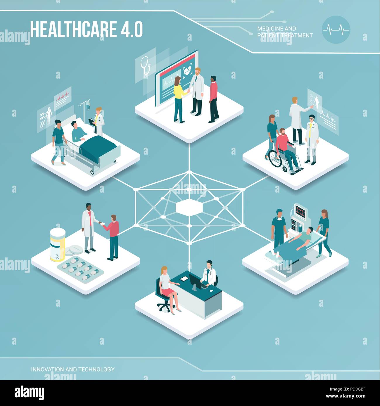 Digitaler Kern: online Gesundheitswesen und medizinische Dienste isometrische Infografik mit Menschen Stock Vektor