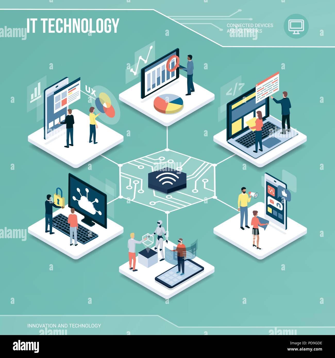 Digitaler Kern: IT-Technologie, Marketing und Netzwerke isometrische Infografik mit Menschen Stock Vektor