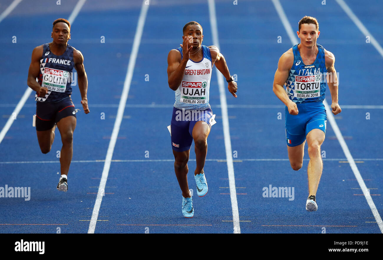 Der britische Chijindu Ujah (Mitte) ist auf dem Weg zum zweiten Platz im 100-m-Männer-Halbfinale 3 am ersten Tag der Leichtathletik-Europameisterschaften 2018 im Olympiastadion in Berlin. DRÜCKEN SIE VERBANDSFOTO. Bilddatum: Dienstag, 7. August 2018. Siehe PA Story Athletics European. Bildnachweis sollte lauten: Martin Rickett/PA Wire. EINSCHRÄNKUNGEN: Nur für redaktionelle Zwecke, keine kommerzielle Nutzung ohne vorherige Genehmigung Stockfoto