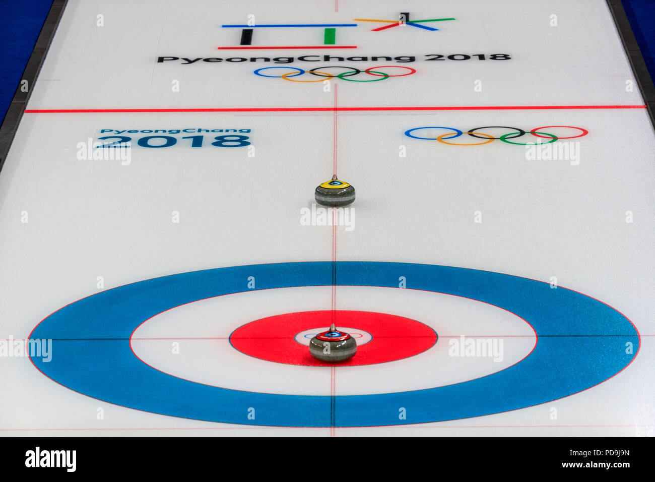 Eisstockbahn bei den Olympischen Winterspielen PyeongChang 2018 Stockfoto