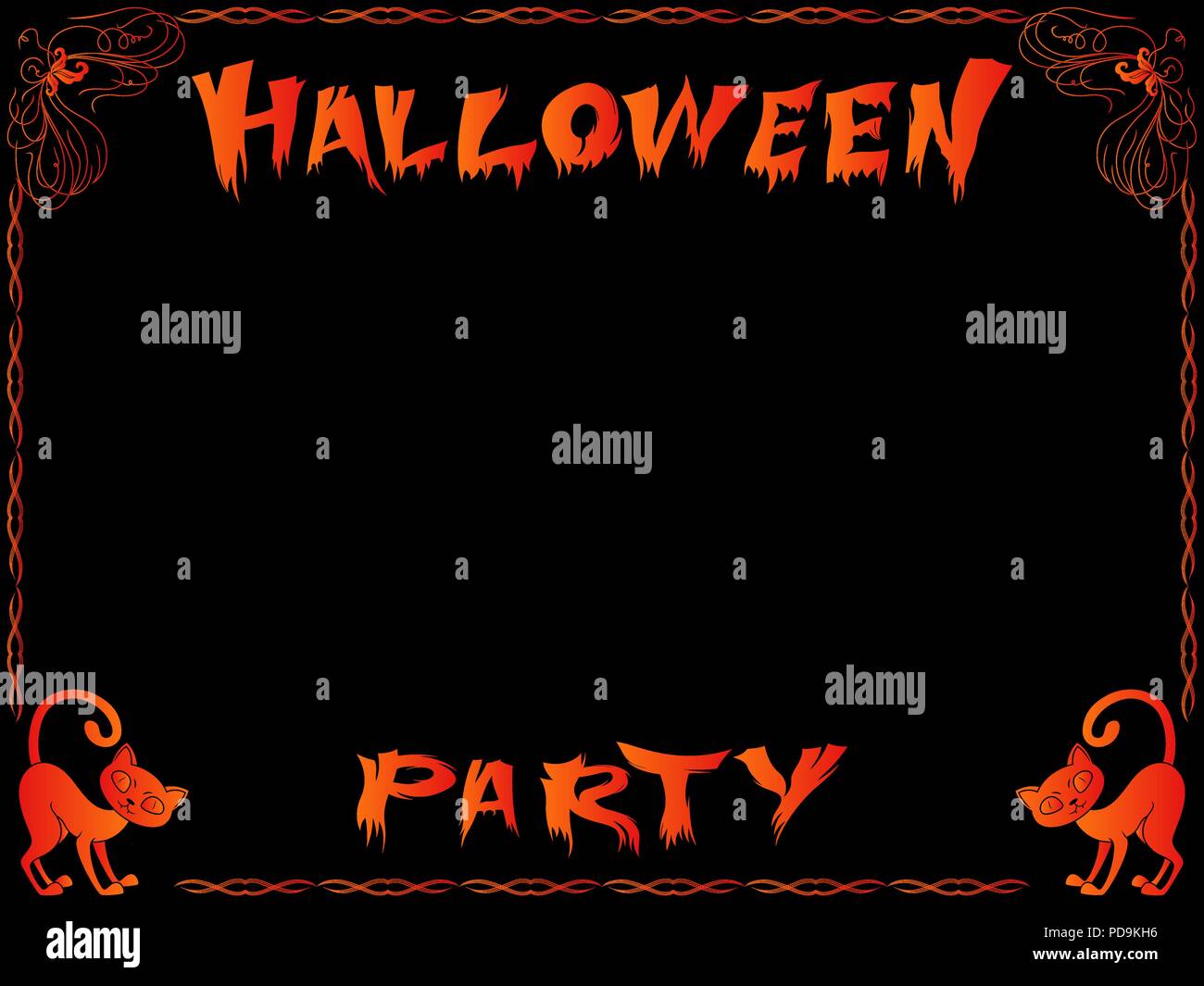 Einladung zu Halloween Party mit hellen orangen Schriftzug, Katzen und dekorativen Rahmen auf dem schwarzen Hintergrund, Vektor hand Zeichnung Stock Vektor