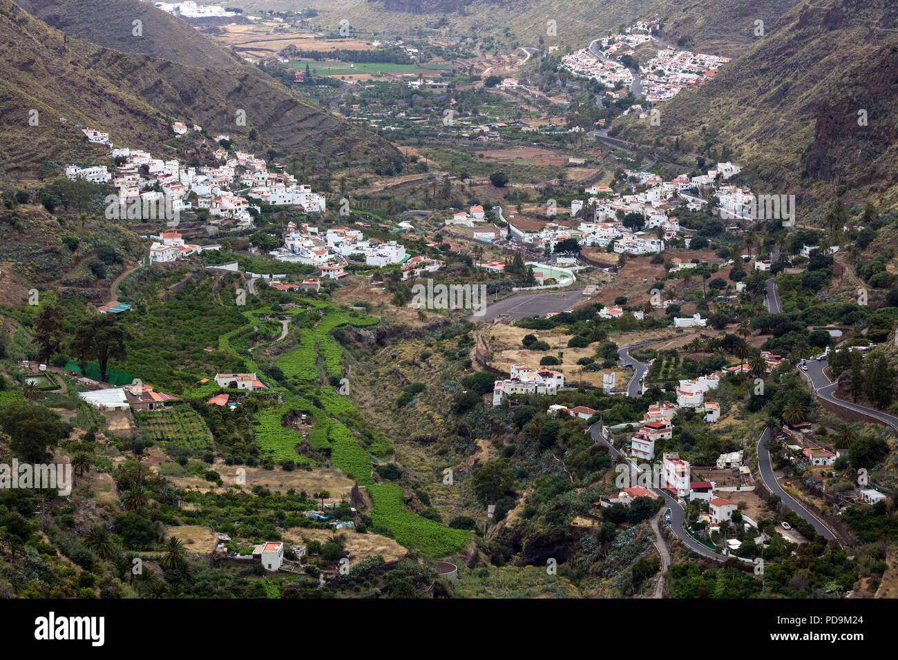 Blick in den Barranco de Agaete und der Stadt San Petro, Gran Canaria, Kanarische Inseln, Spanien Stockfoto