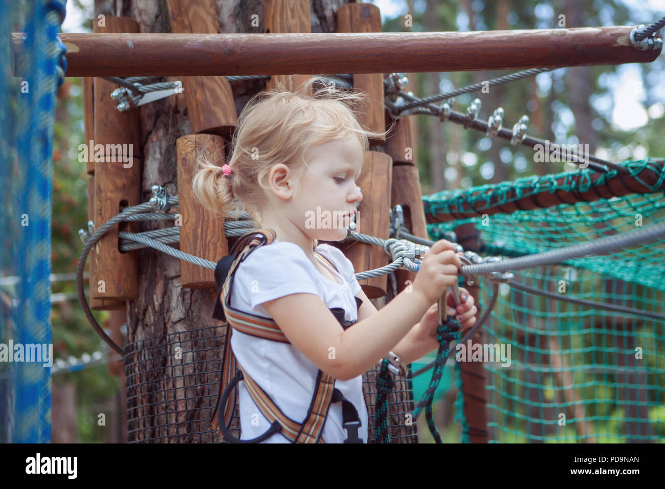 Porträt eines kleinen Mädchens im Seilpark. Sie misst der Karabiner. Stockfoto