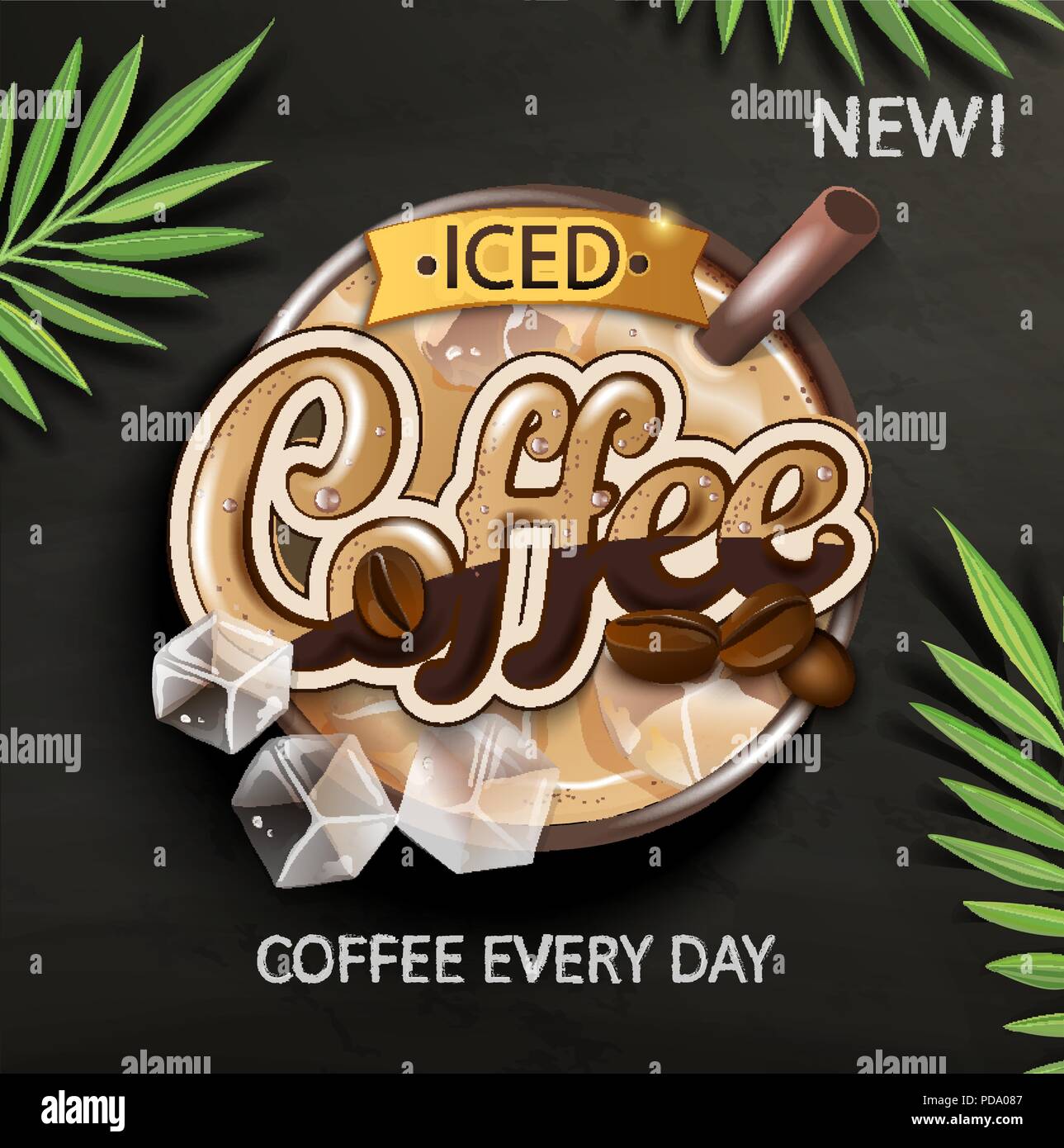 Symbol der Eiskaffee mit iced Würfel und Kaffeebohnen auf Tafel mit tropischen Blättern. Perfekt für den Einzelhandel Marketing Promotion und Werbung. Vector Illustration. Stock Vektor