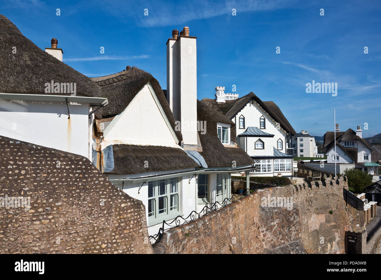 Regency Stil strohgedeckten Cottages am Meer, Klippen, vom Connaught Gardens in Sidmouth Devon, England. Teil des South West Coast Path Stockfoto