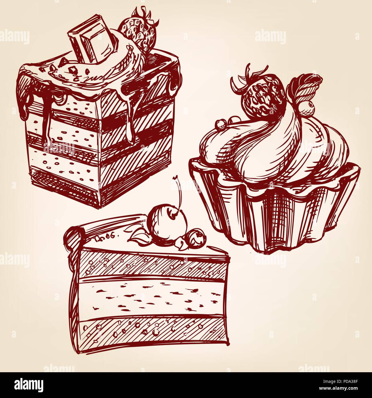Kuchen fast food set Hand gezeichnet Vektor llustration Skizze Stock Vektor