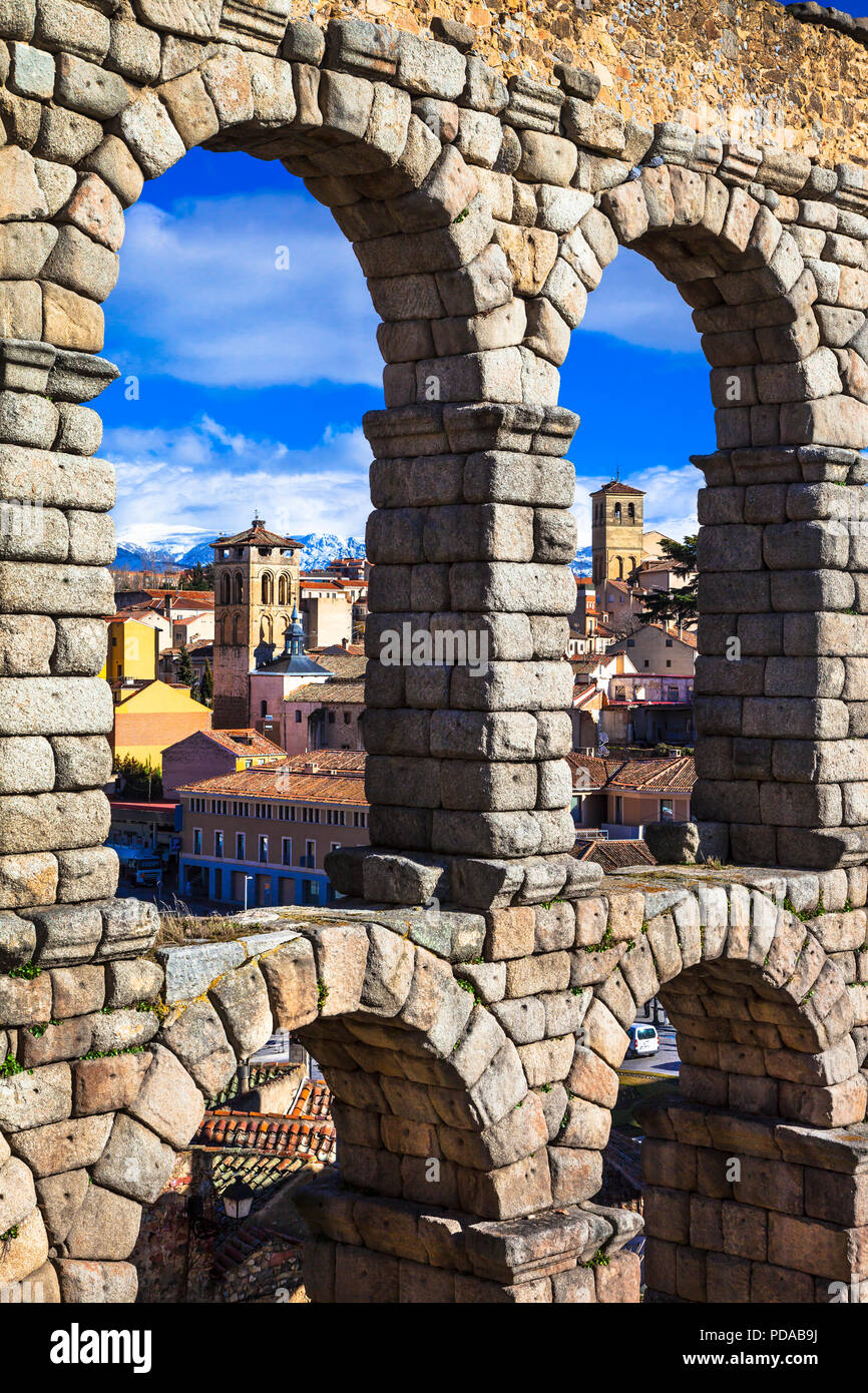 Beeindruckende Acqueduct in Segovia, Spanien. Stockfoto