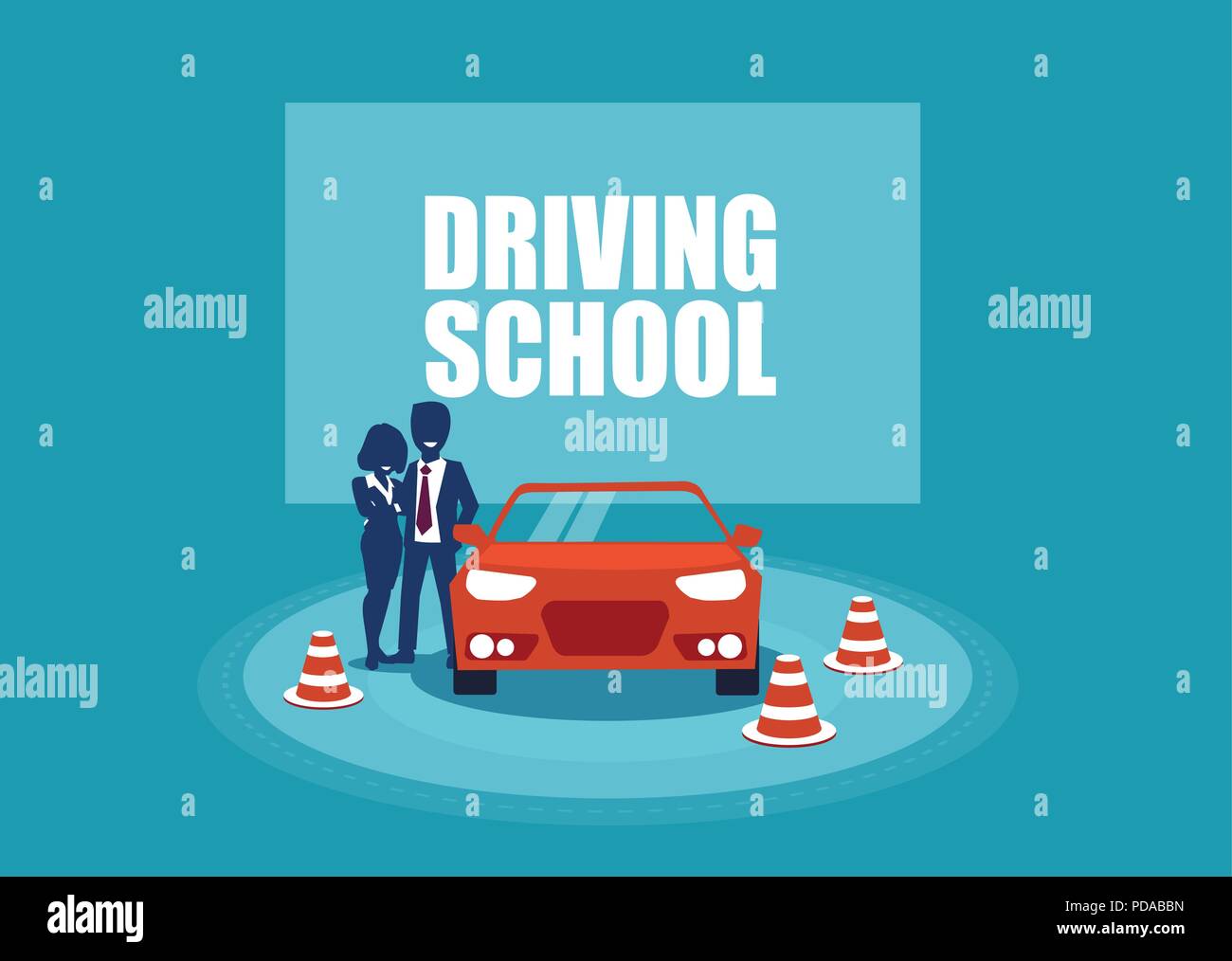 Driving School. Kursteilnehmer und Ausbilder und ein Auto. Vektor Grafik im Comic-Stil Stock Vektor