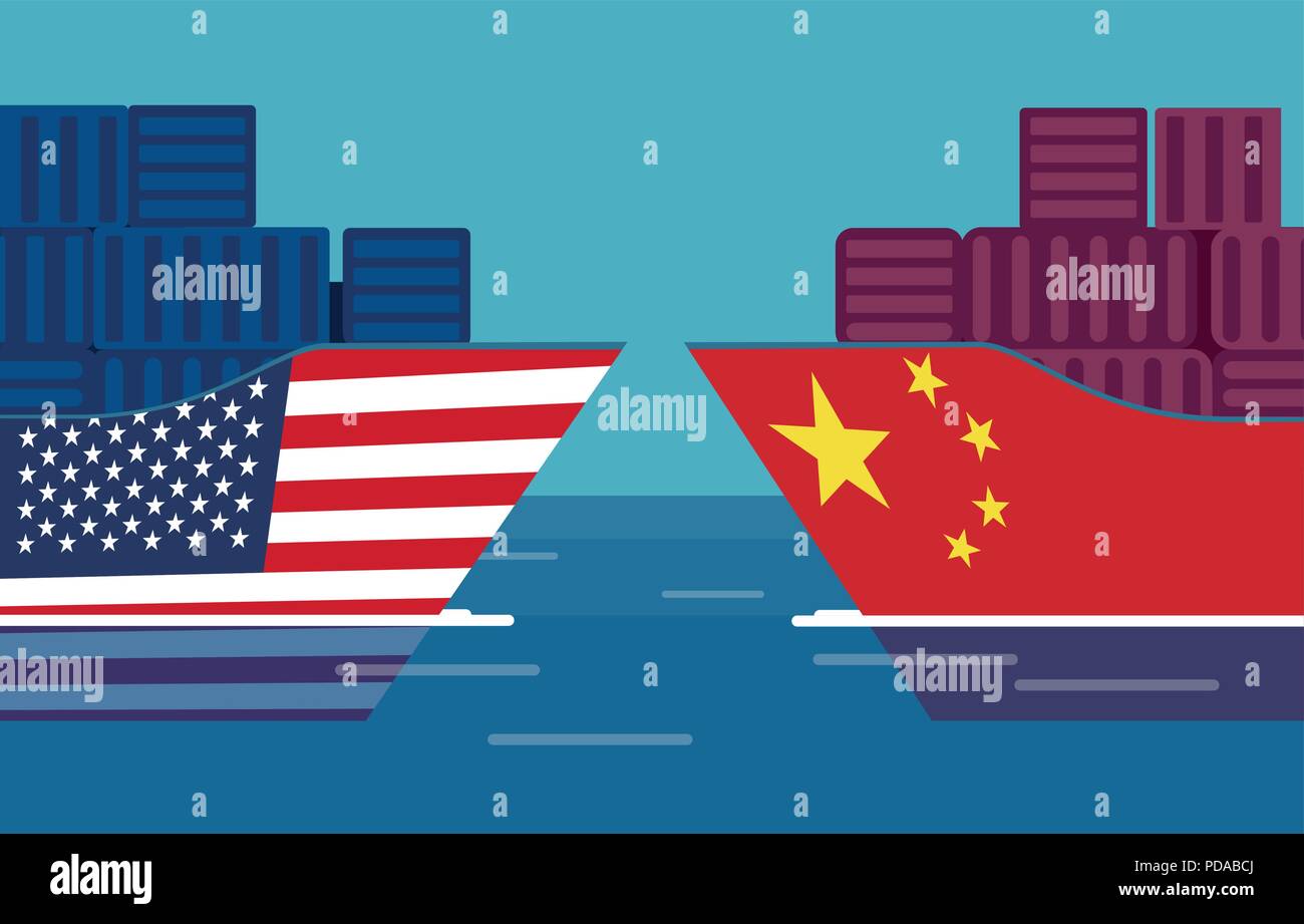 China und die Vereinigten Staaten den Krieg Konzept. Vektor von zwei Frachtschiffen. Die Besteuerung der Einfuhr und Ausfuhr Stock Vektor