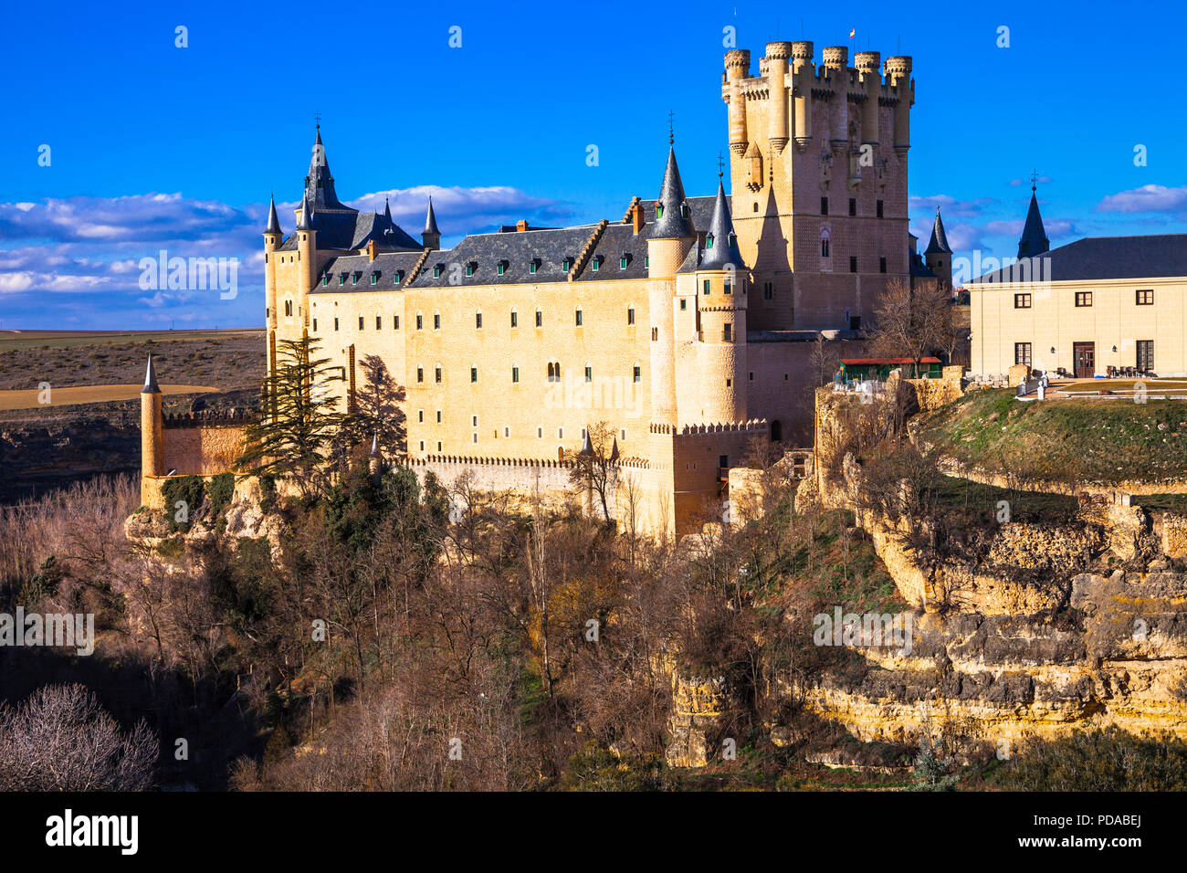 Elegante Alcazar Schloss, Panoramaaussicht, Segovia, Spanien. Stockfoto