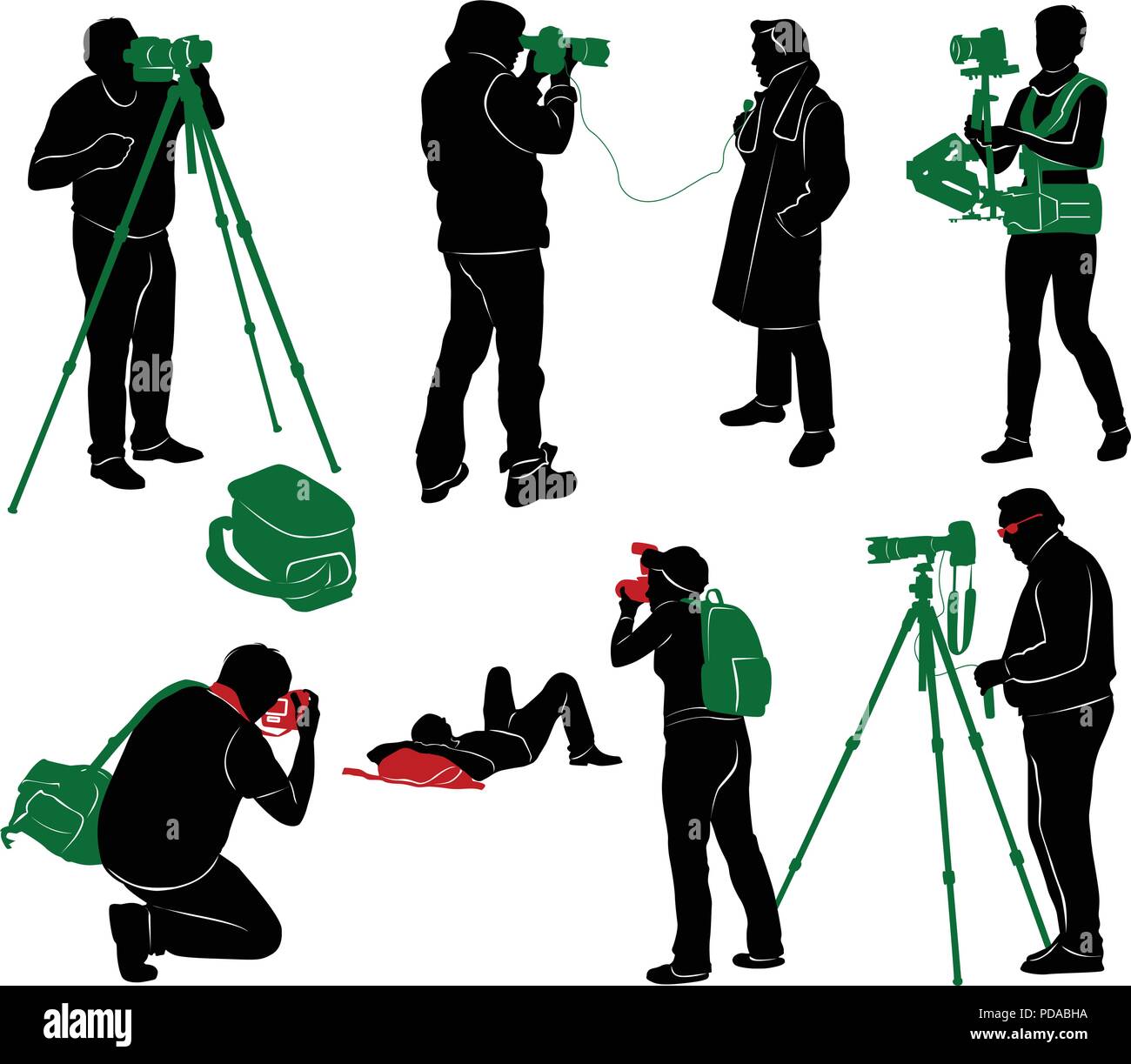 Silhouetten von Fotografen, Kameramann und Journalist. Stock Vektor