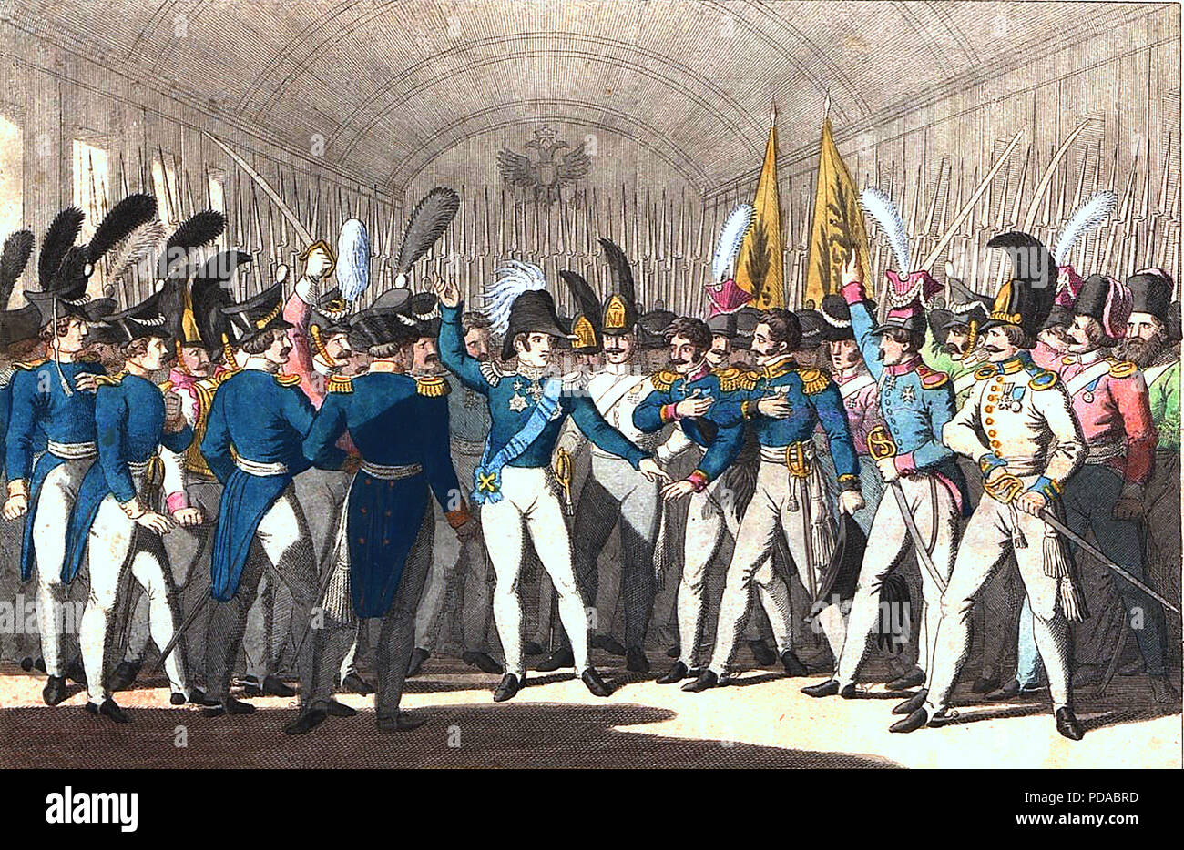 NOVEMBER AUFSTAND (1830-1831) aka des polnisch-russischen Krieges oder Cadet Revolution. Hier Zar Nikolaus I. gezeigt wird, seine Offiziere der polnischen Aufstand. Stockfoto
